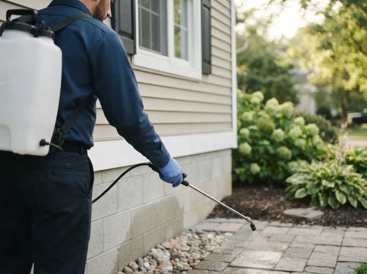 Pest control technician inspecting a home in King And Queen Court House, VA